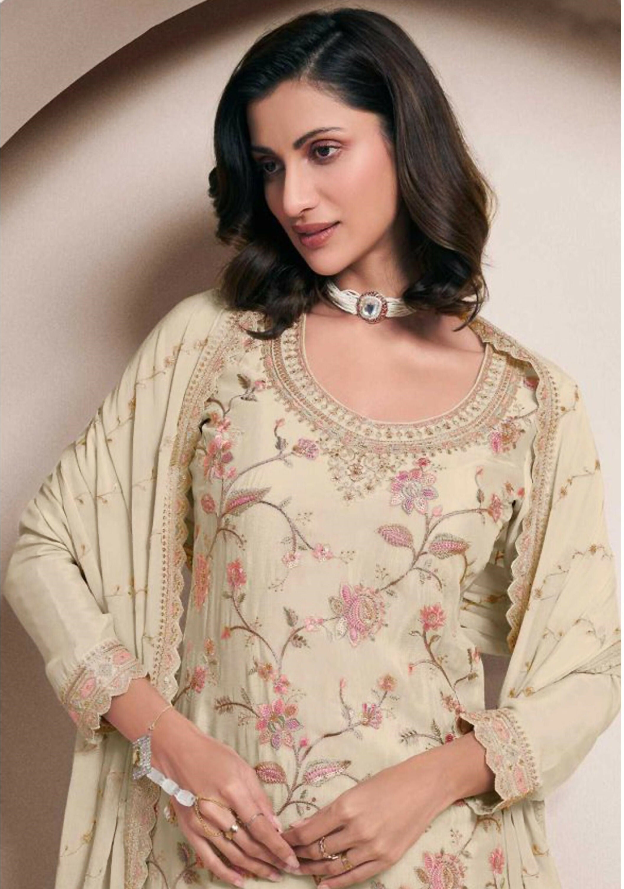 Anaita Off White Heavy Chinon With Embroidery Sharara Suit (bottom Stitched) - Distacart