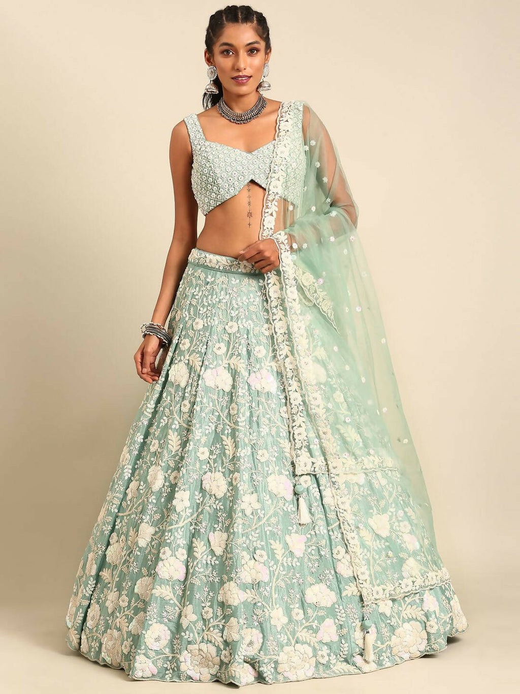 House of Panchhi Sea Green Chinon Sequins and Zarkan embroidery Lehenga choli & Dupatta