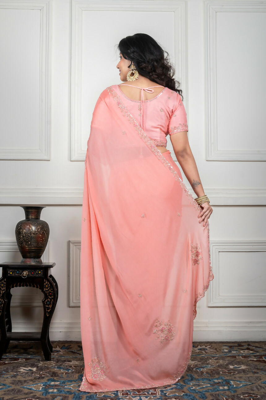 Morchari Peach Chiffon Hand Embroidery Saree And Stitched Blouse - Distacart