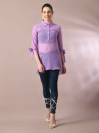 Myshka Women's Lavender Solid Georgette Longline Party Sheer Tunic