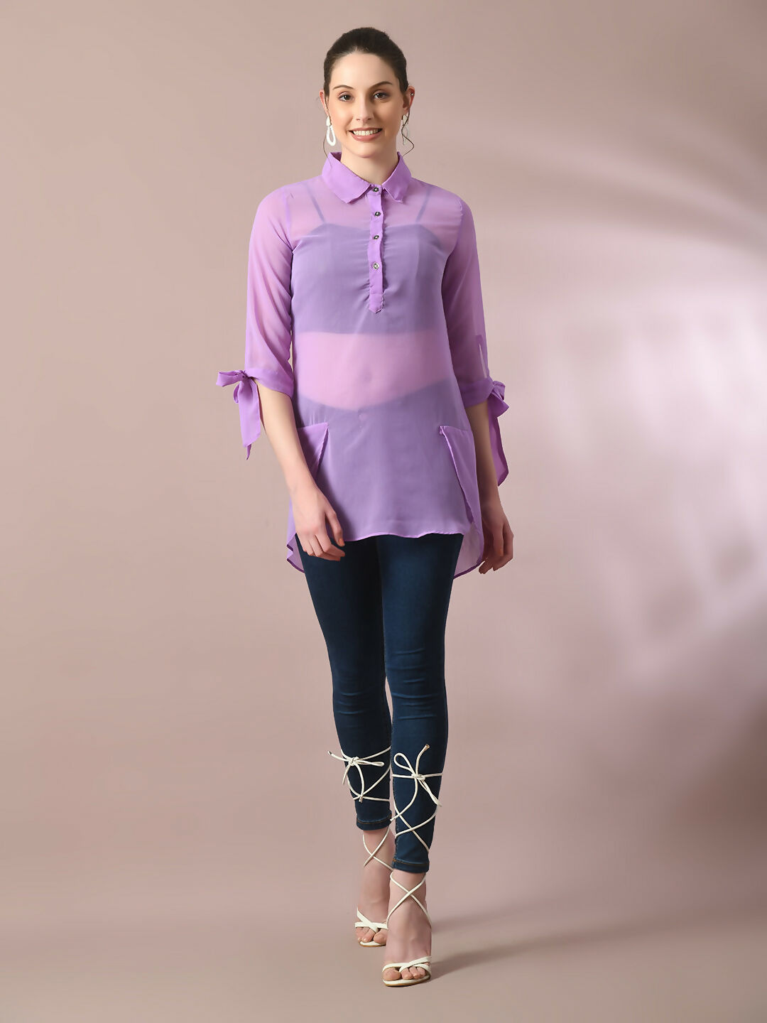 Myshka Women's Lavender Solid Georgette Longline Party Sheer Tunic