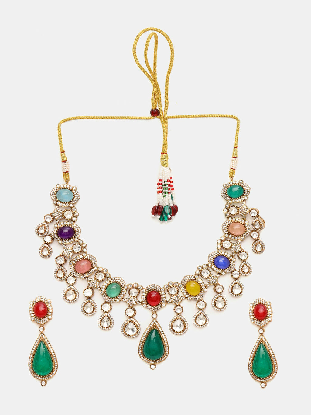 Ruby Raang Gold Polished Kundan Work Multi-Color Maharani Kundan And Stonework Necklace With Earrings