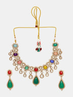 Ruby Raang Gold Polished Kundan Work Multi-Color Maharani Kundan And Stonework Necklace With Earrings