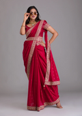 Teeya Creation Red Color Chinnon Silk Heavy Embroidery Work Saree - Distacart