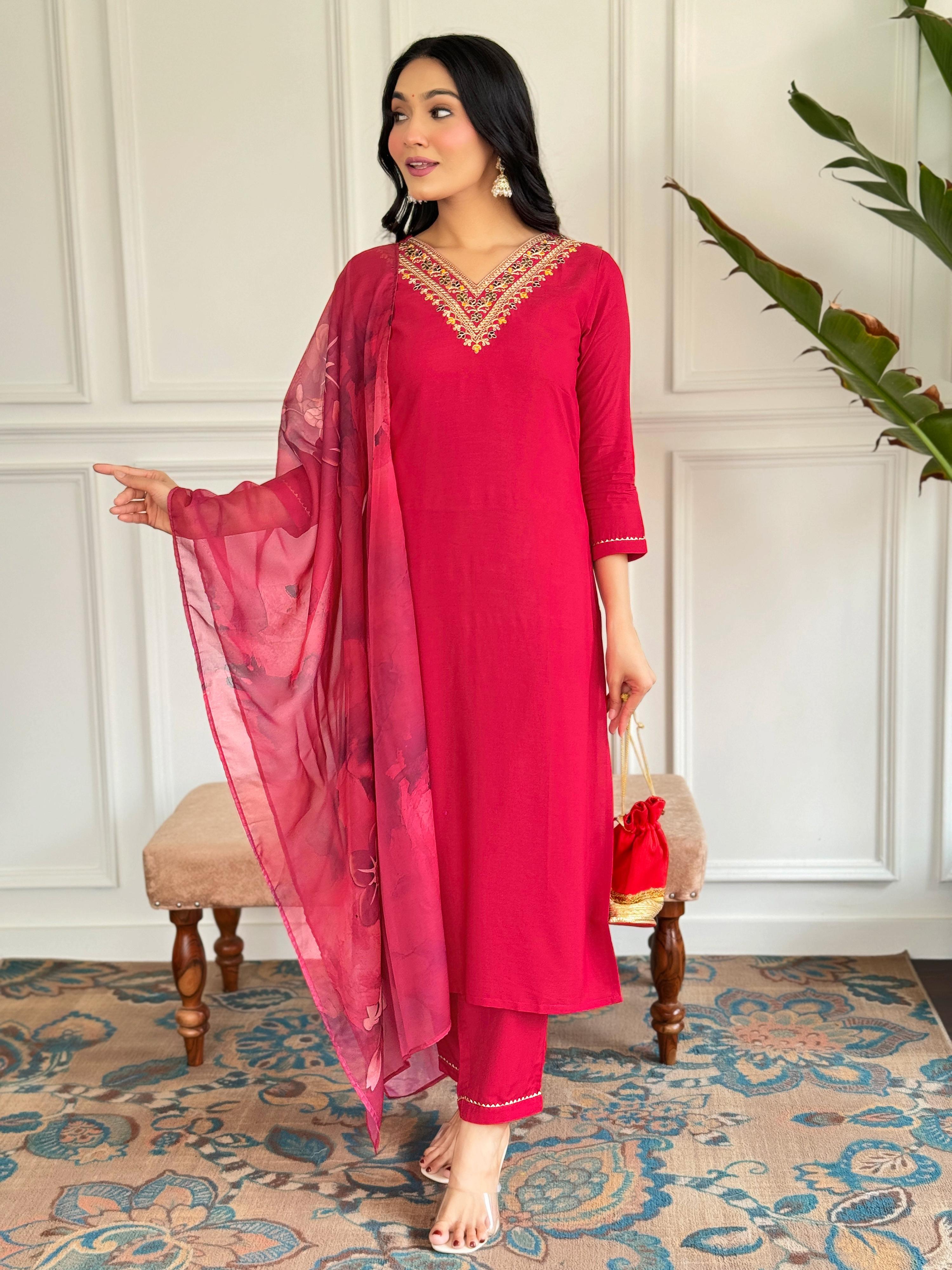 The52 Floral Rayon Fabric Straight Kurta, Pant and Dupatta Set - Distacart