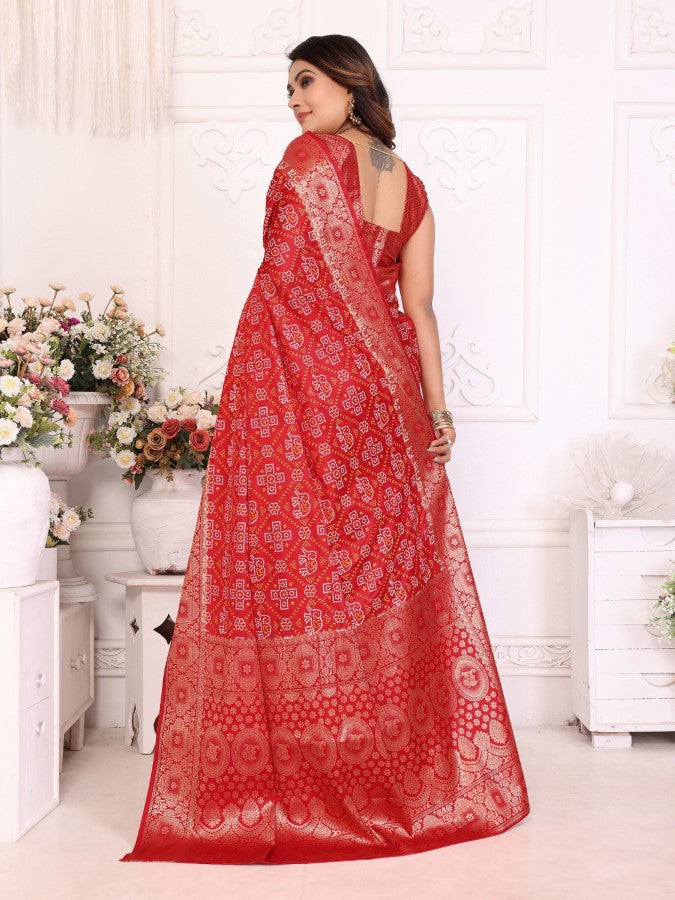 Anaita Red Soft Satin Silk Bandhej Print Saree With Kanchi Zari Weaving Border - Distacart