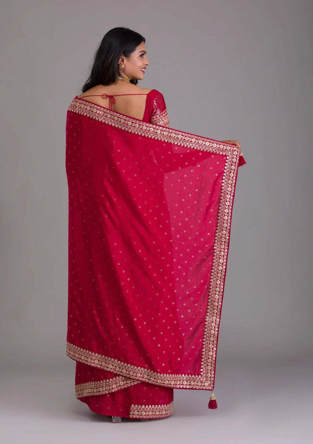 Teeya Creation Red Color Chinnon Silk Heavy Embroidery Work Saree - Distacart