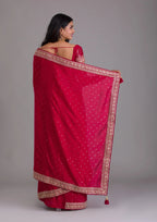 Teeya Creation Red Color Chinnon Silk Heavy Embroidery Work Saree - Distacart