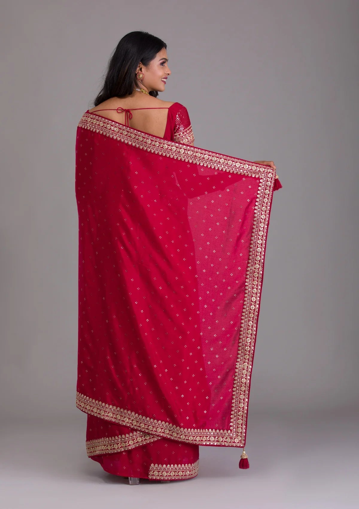 Teeya Creation Red Color Chinnon Silk Heavy Embroidery Work Saree - Distacart