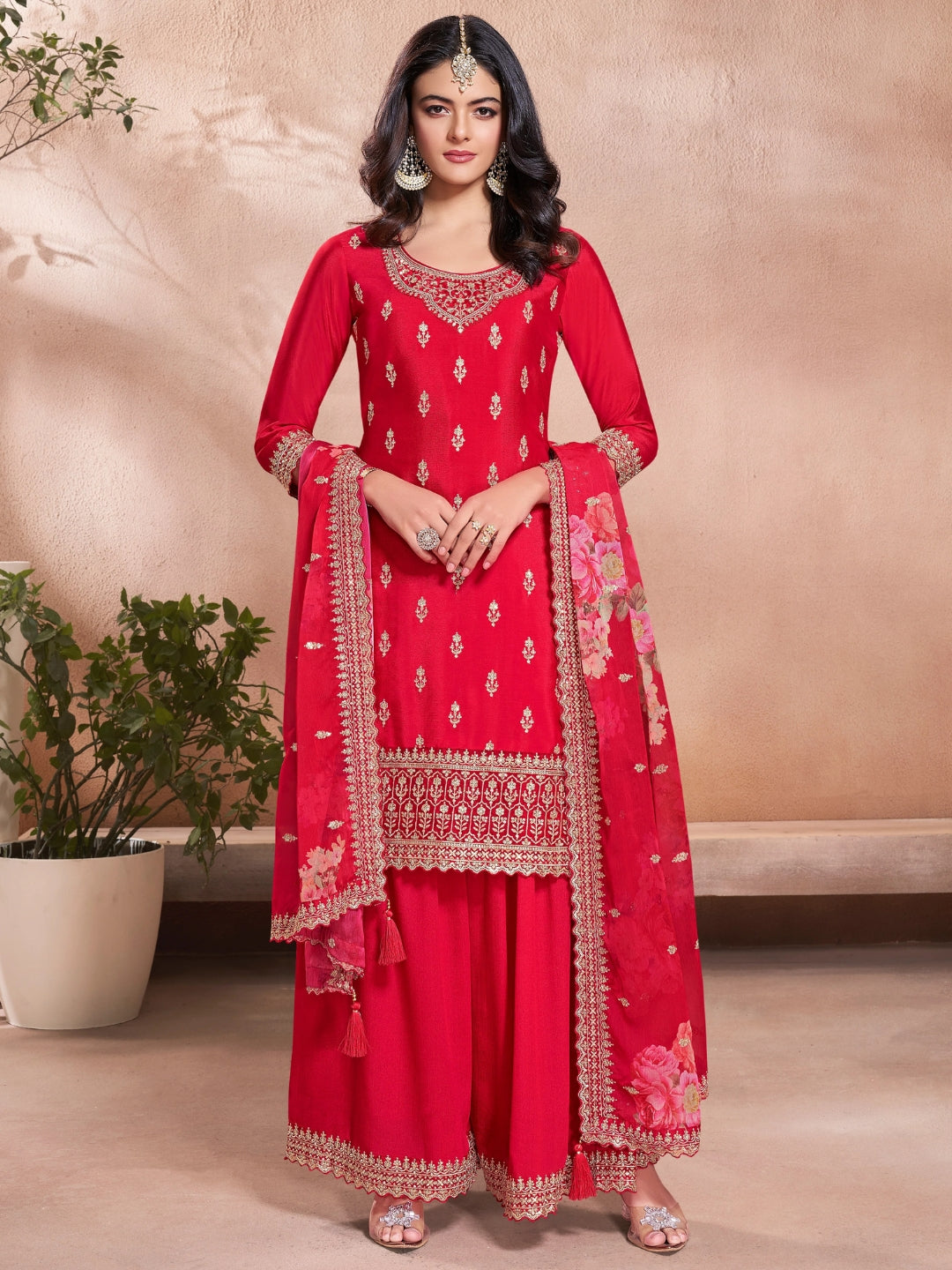 The52 Women's Gorgeous Embroidery Vichitra Silk Fabric Straight Kurta, Sharara and Dupatta Set - Distacart