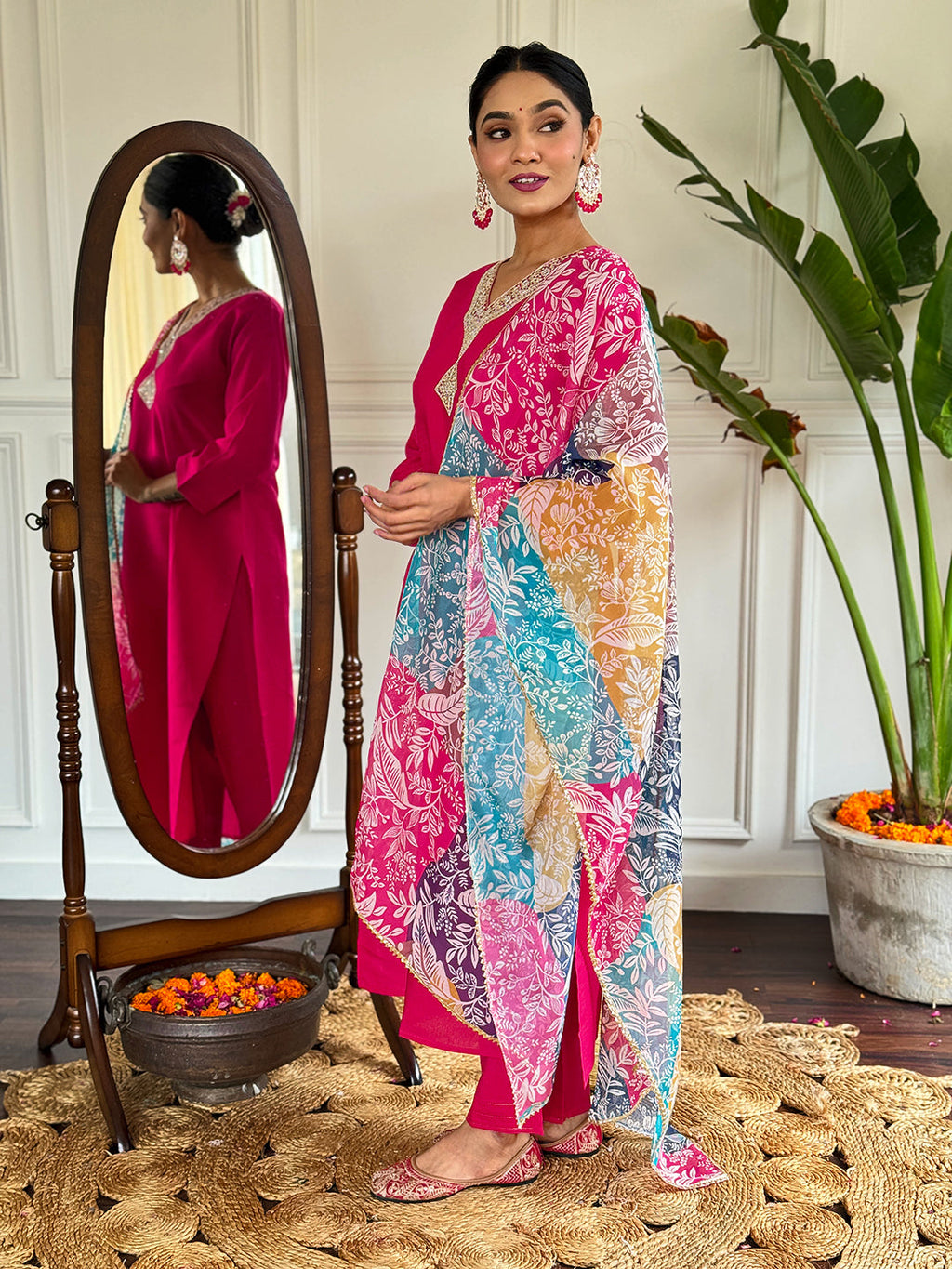 The52 Floral Chanderi Silk Fabric Straight Kurta, Pant and Dupatta Set - Distacart