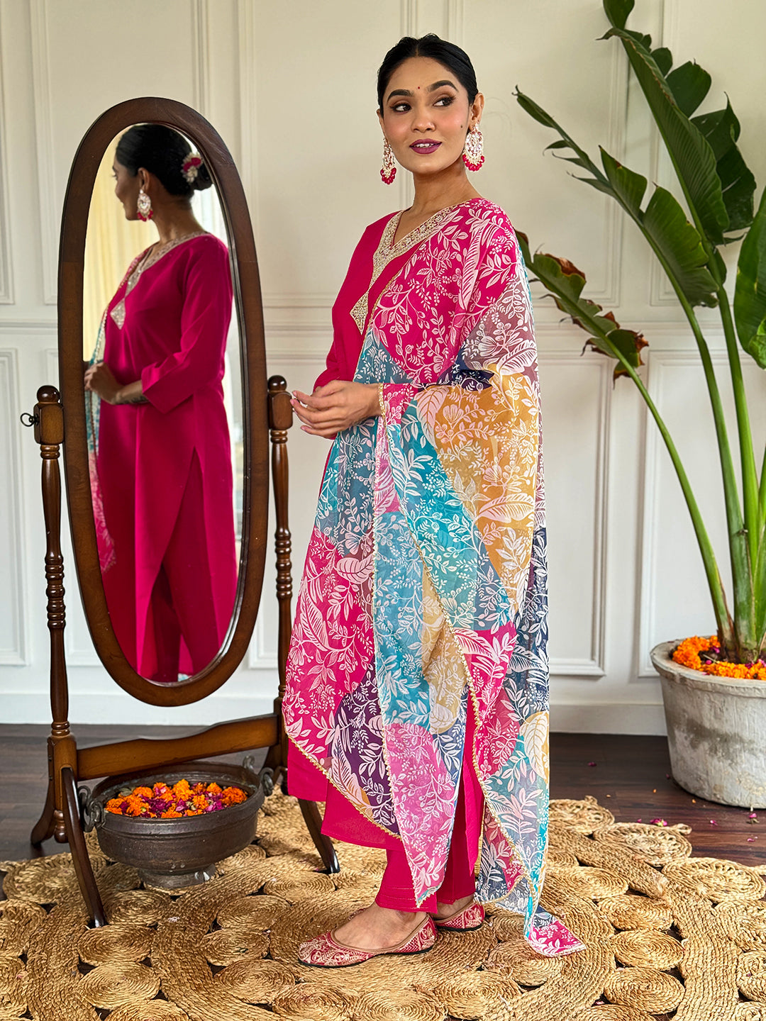 The52 Floral Chanderi Silk Fabric Straight Kurta, Pant and Dupatta Set - Distacart
