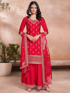 The52 Women's Gorgeous Embroidery Vichitra Silk Fabric Straight Kurta, Sharara and Dupatta Set - Distacart