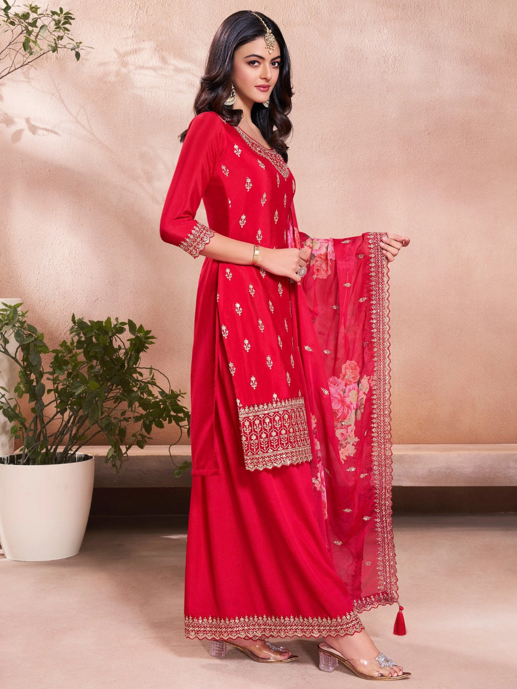 The52 Women's Gorgeous Embroidery Vichitra Silk Fabric Straight Kurta, Sharara and Dupatta Set - Distacart