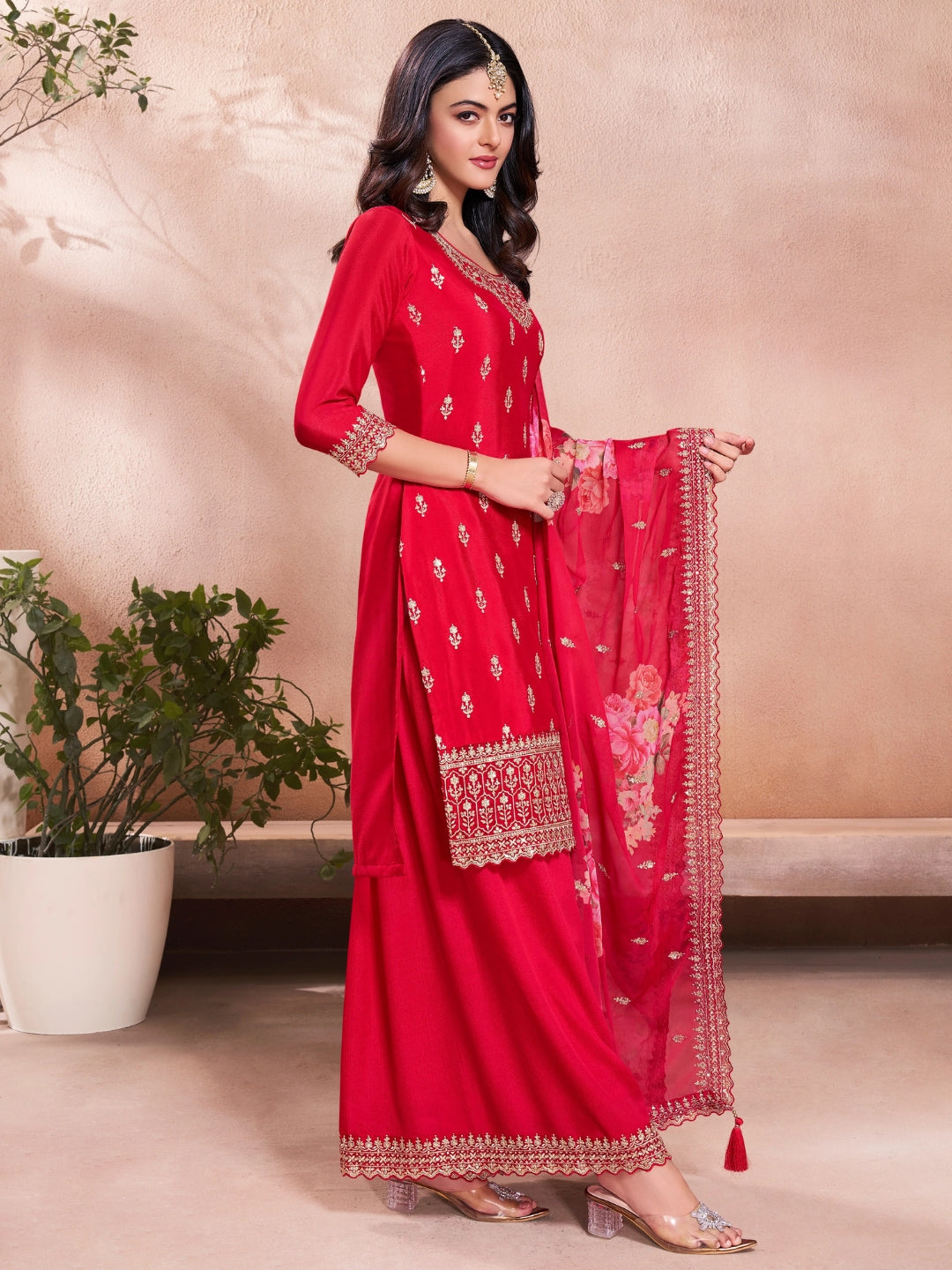 The52 Women's Gorgeous Embroidery Vichitra Silk Fabric Straight Kurta, Sharara and Dupatta Set - Distacart