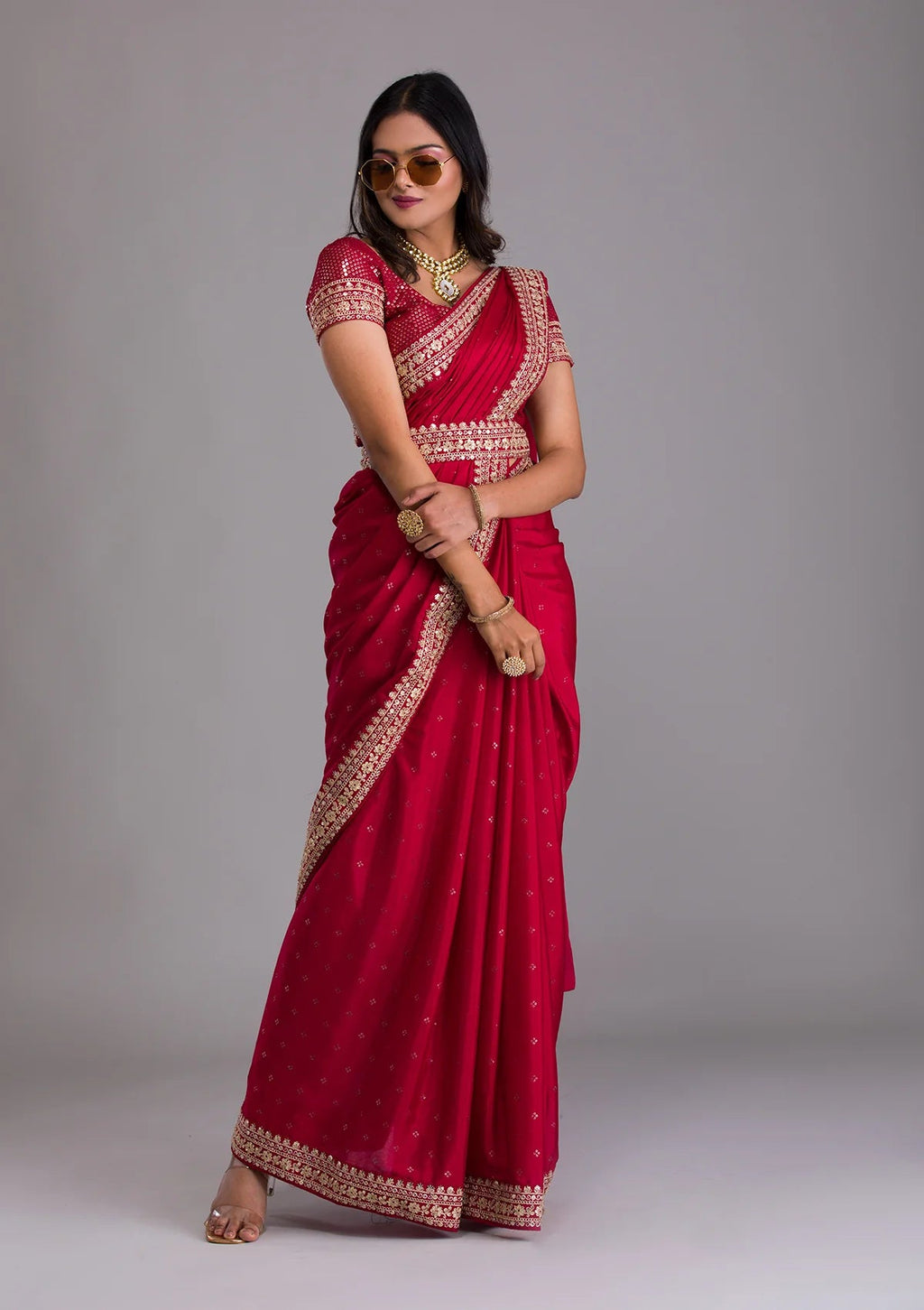 Teeya Creation Red Color Chinnon Silk Heavy Embroidery Work Saree - Distacart