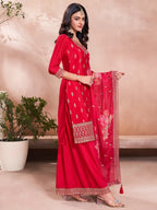 The52 Women's Gorgeous Embroidery Vichitra Silk Fabric Straight Kurta, Sharara and Dupatta Set - Distacart
