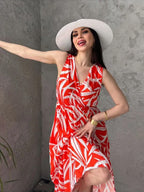 Pimu Viscose Patterned Summer Dress - Elastic Waist, V-Neck - Red