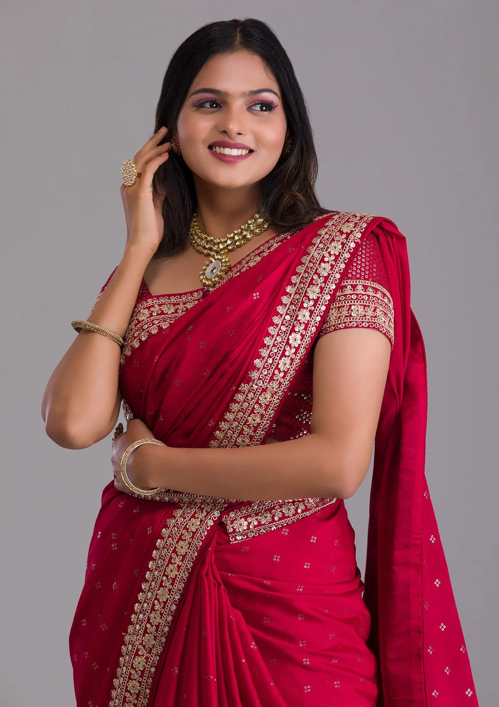 Teeya Creation Red Color Chinnon Silk Heavy Embroidery Work Saree - Distacart