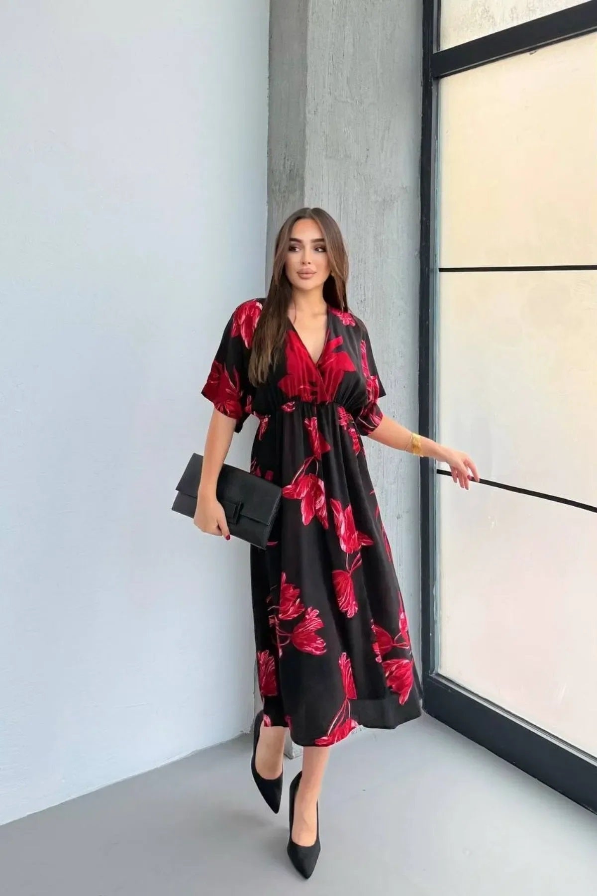 Pimu Front Slit Midi Dresses V-neck Designs For Women Party Wear - Red