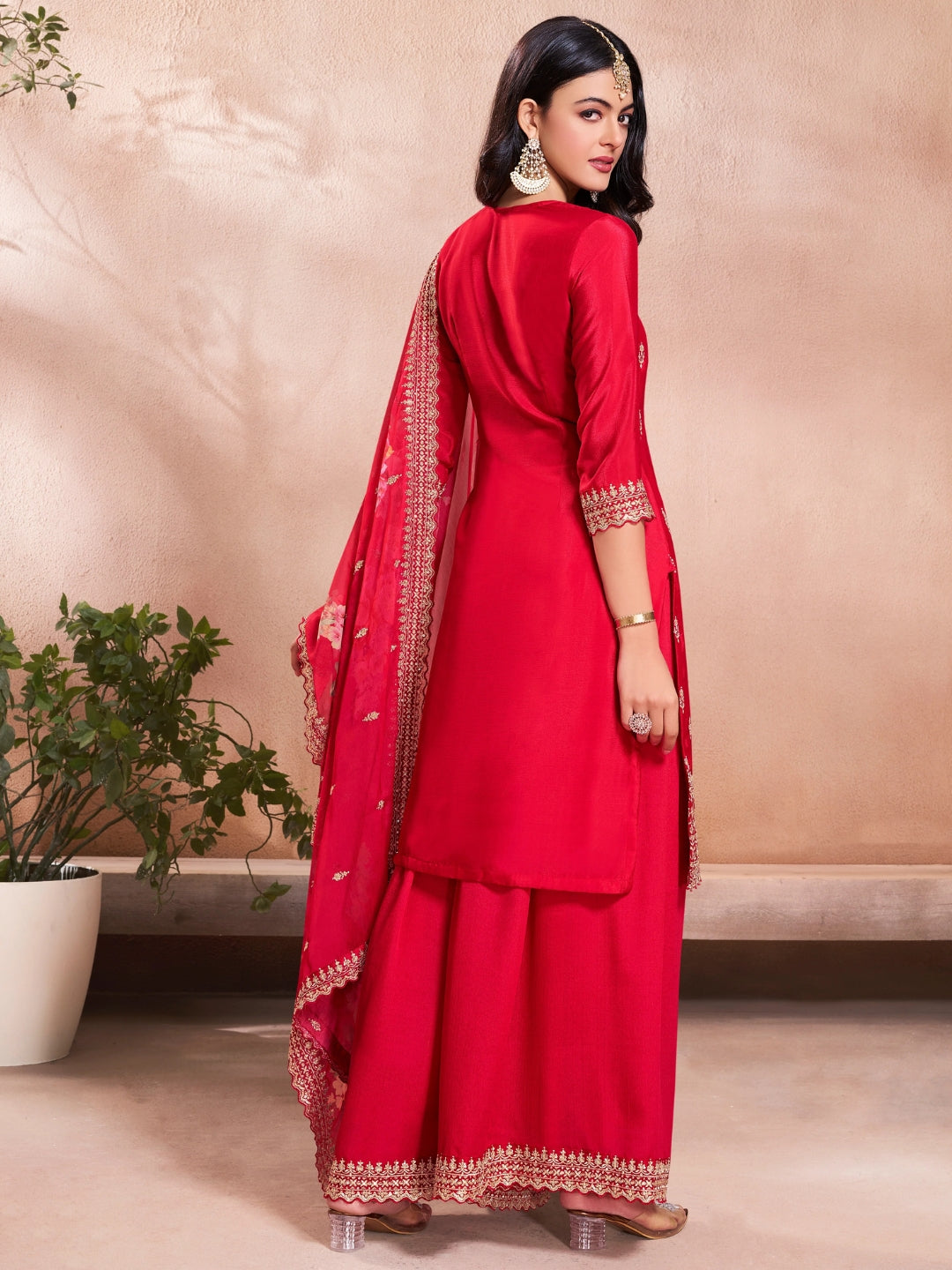 The52 Women's Gorgeous Embroidery Vichitra Silk Fabric Straight Kurta, Sharara and Dupatta Set - Distacart