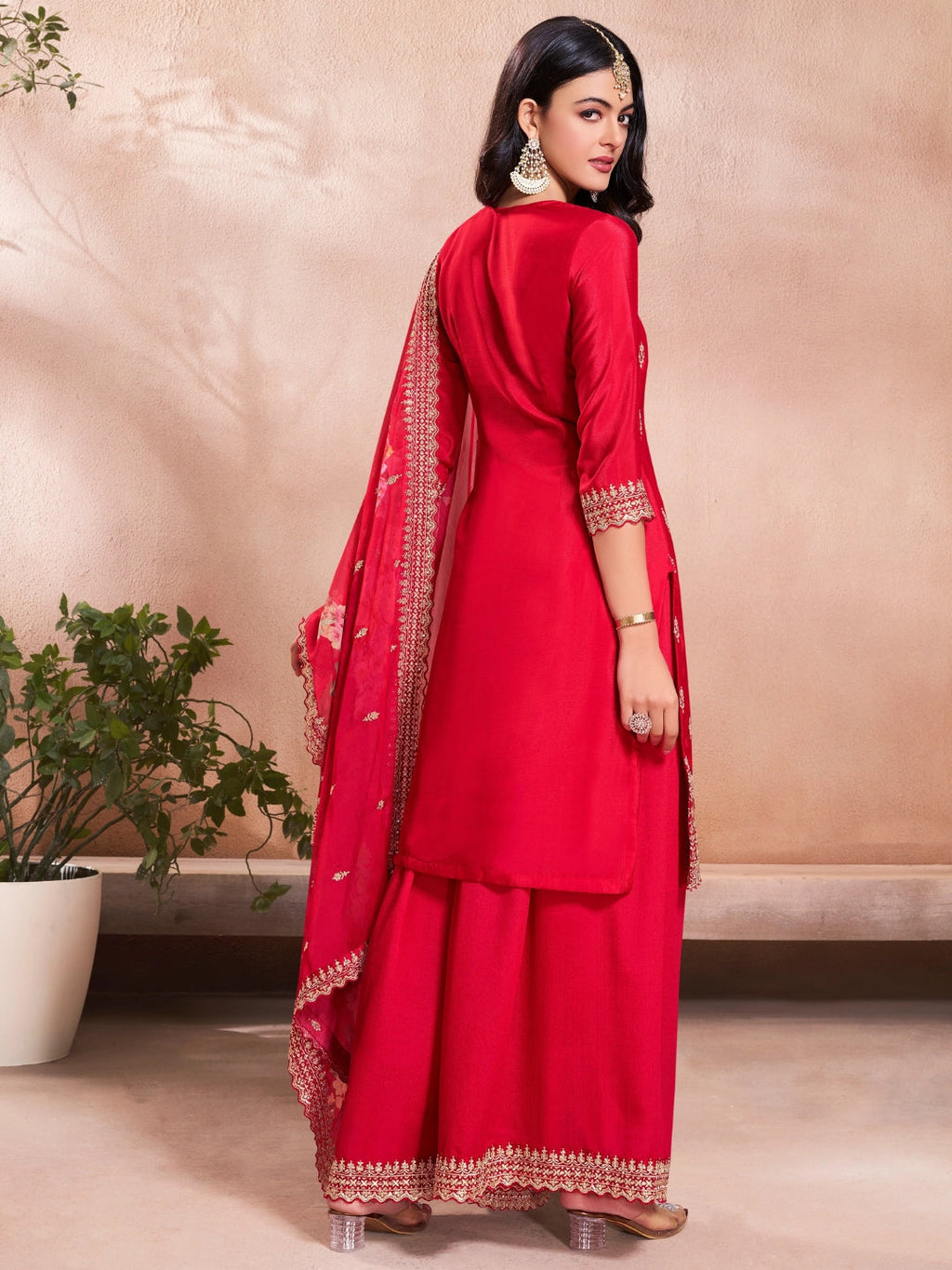The52 Women's Gorgeous Embroidery Vichitra Silk Fabric Straight Kurta, Sharara and Dupatta Set - Distacart