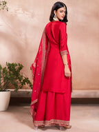 The52 Women's Gorgeous Embroidery Vichitra Silk Fabric Straight Kurta, Sharara and Dupatta Set - Distacart