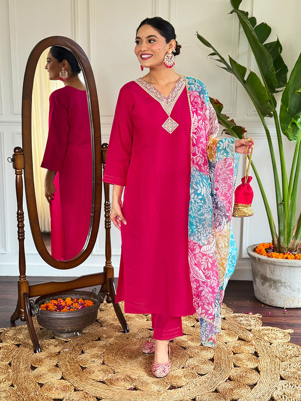 The52 Floral Chanderi Silk Fabric Straight Kurta, Pant and Dupatta Set - Distacart