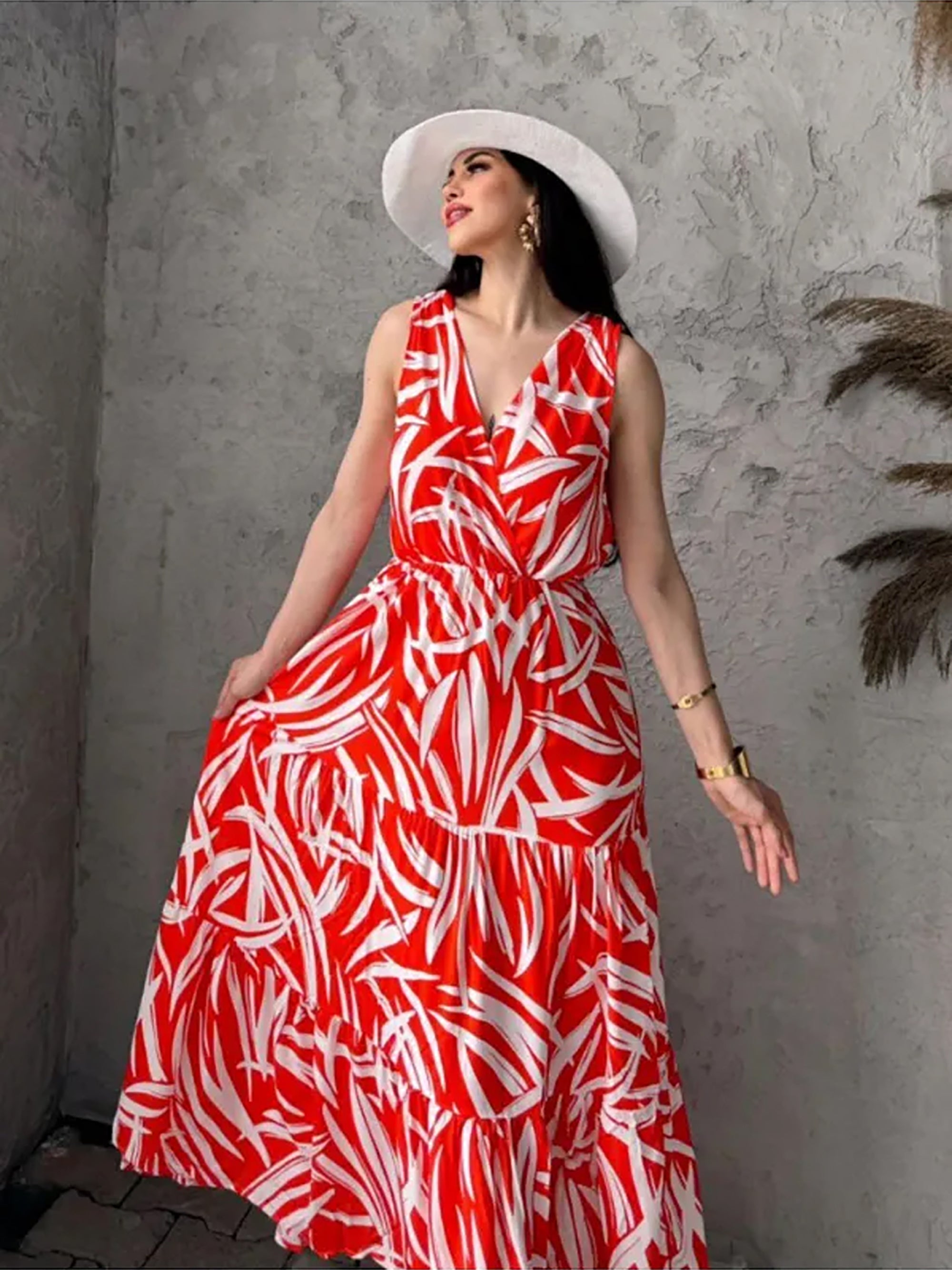 Pimu Viscose Patterned Summer Dress - Elastic Waist, V-Neck - Red