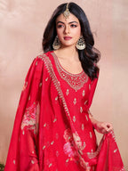 The52 Women's Gorgeous Embroidery Vichitra Silk Fabric Straight Kurta, Sharara and Dupatta Set - Distacart