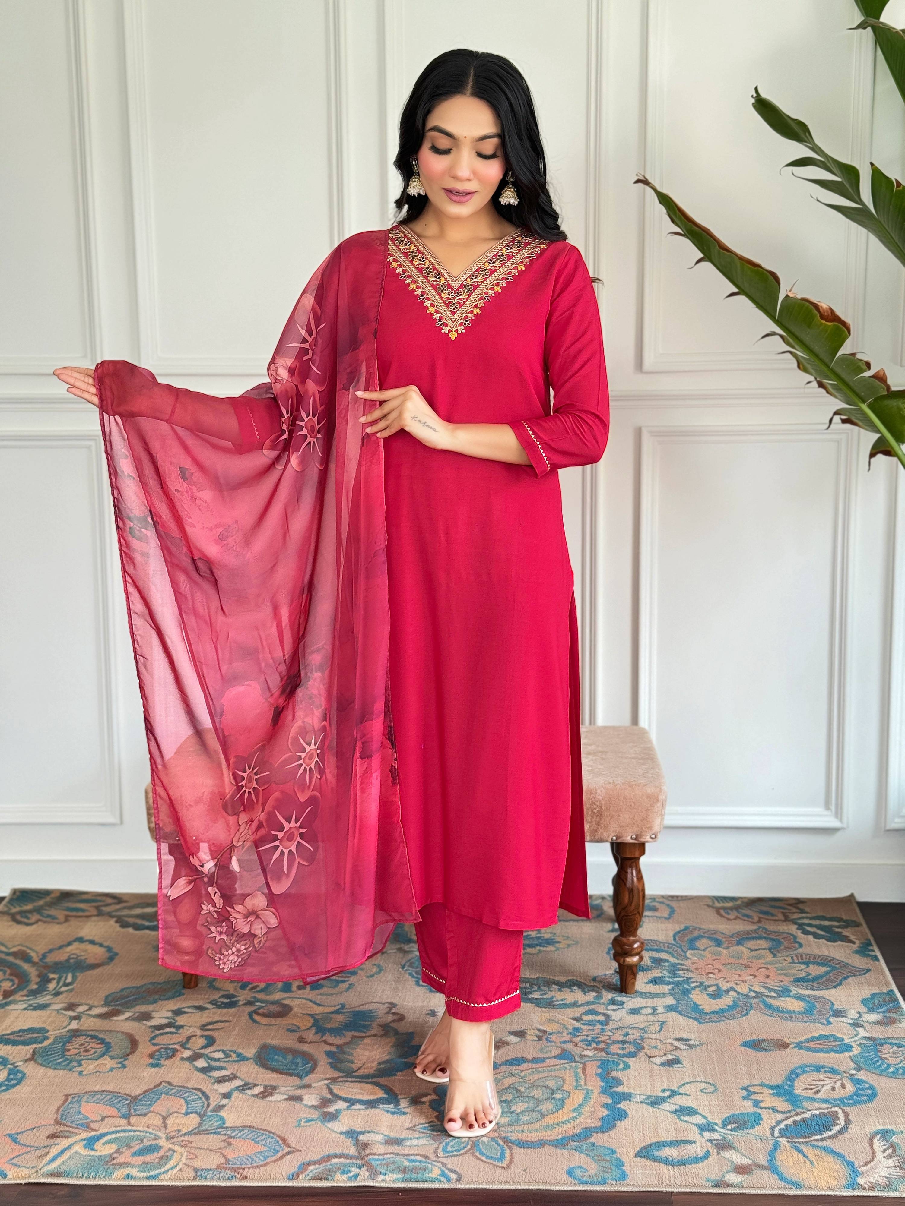 The52 Floral Rayon Fabric Straight Kurta, Pant and Dupatta Set - Distacart