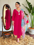 The52 Floral Chanderi Silk Fabric Straight Kurta, Pant and Dupatta Set - Distacart