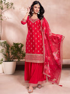 The52 Women's Gorgeous Embroidery Vichitra Silk Fabric Straight Kurta, Sharara and Dupatta Set - Distacart