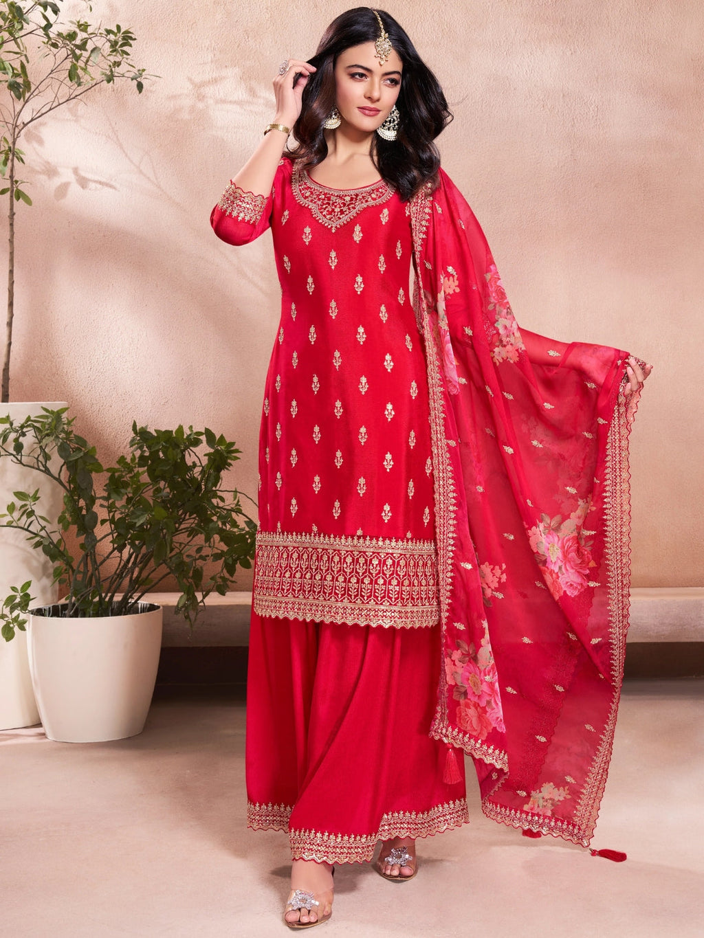 The52 Women's Gorgeous Embroidery Vichitra Silk Fabric Straight Kurta, Sharara and Dupatta Set - Distacart