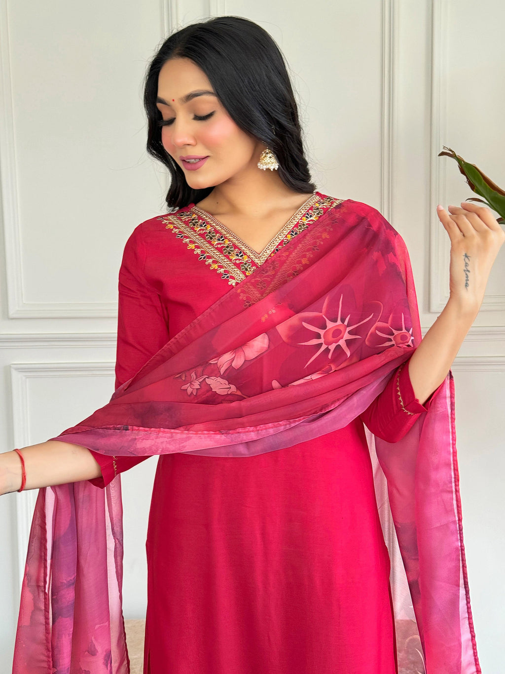 The52 Floral Rayon Fabric Straight Kurta, Pant and Dupatta Set - Distacart