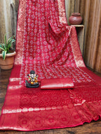 Anaita Red Soft Satin Silk Bandhej Print Saree With Kanchi Zari Weaving Border - Distacart