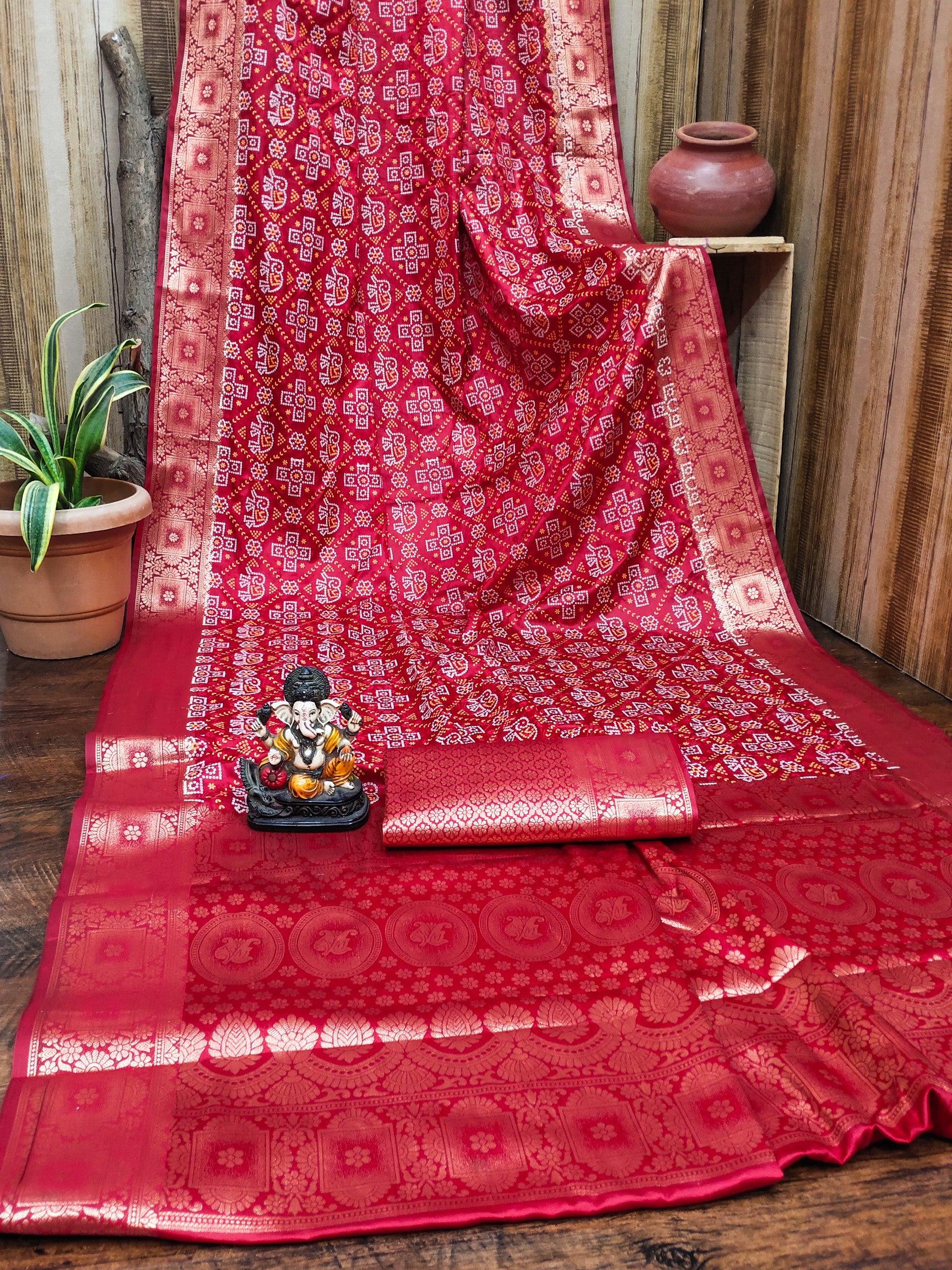 Anaita Red Soft Satin Silk Bandhej Print Saree With Kanchi Zari Weaving Border - Distacart