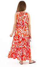Pimu Viscose Patterned Summer Dress - Elastic Waist, V-Neck - Red