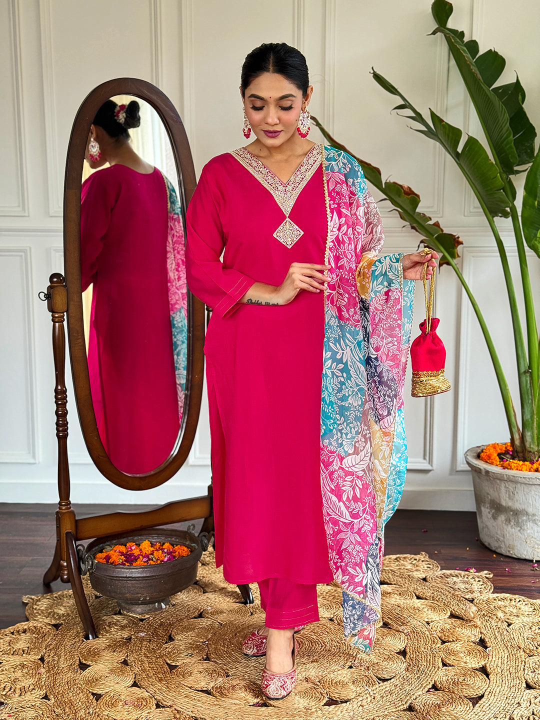 The52 Floral Chanderi Silk Fabric Straight Kurta, Pant and Dupatta Set - Distacart