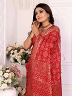 Anaita Red Soft Satin Silk Bandhej Print Saree With Kanchi Zari Weaving Border - Distacart