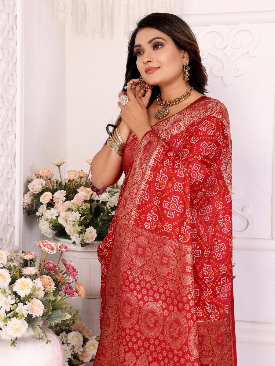 Anaita Red Soft Satin Silk Bandhej Print Saree With Kanchi Zari Weaving Border - Distacart