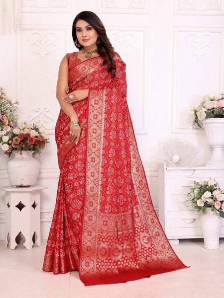Anaita Red Soft Satin Silk Bandhej Print Saree With Kanchi Zari Weaving Border