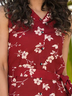 Yufta Red Cotton Floral Print Comes With A Belt Co-Ord Set