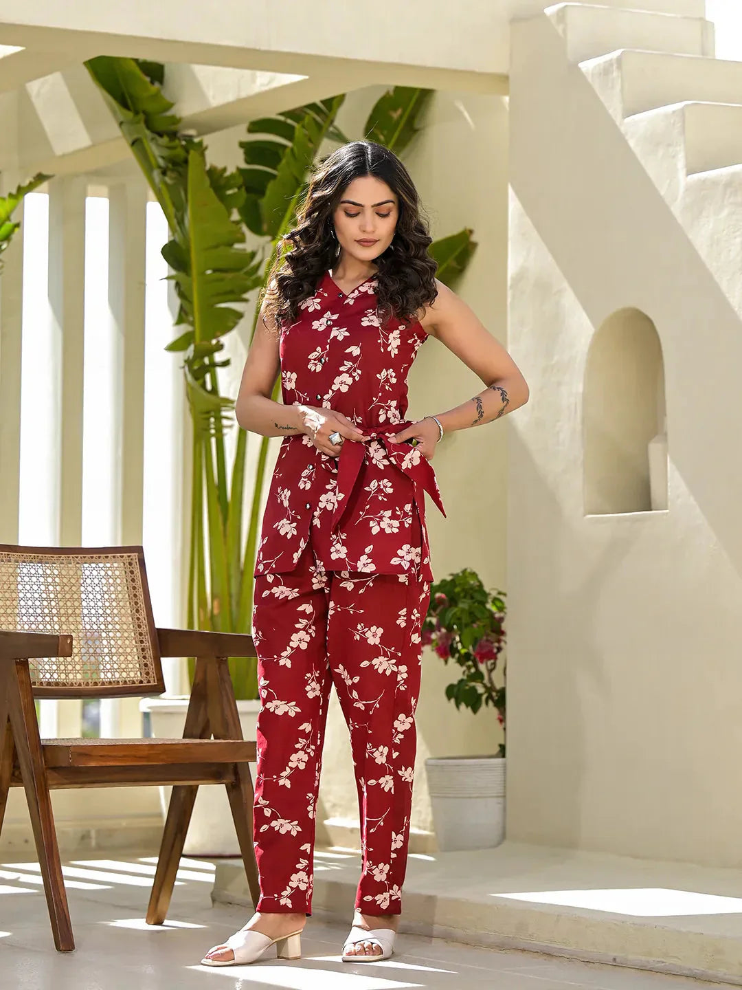Yufta Red Cotton Floral Print Comes With A Belt Co-Ord Set