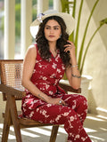 Yufta Red Cotton Floral Print Comes With A Belt Co-Ord Set