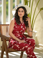 Yufta Red Cotton Floral Print Comes With A Belt Co-Ord Set