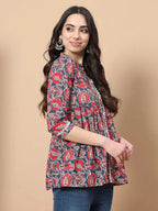 Yufta Red Cotton Floral Print Peplum Top With Lace Detailing