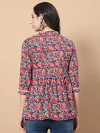 Yufta Red Cotton Floral Print Peplum Top With Lace Detailing