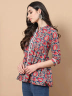Yufta Red Cotton Floral Print Peplum Top With Lace Detailing