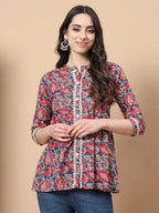Yufta Red Cotton Floral Print Peplum Top With Lace Detailing